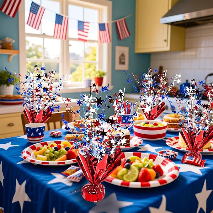 FUBININA 6 Pack 4th of July Table Centerpiece Decoration Metallic Foil Spray Star Burst Patriotic Decor 250th Anniversary Independence Day Labor Veteran Memorial Day Party Supplies, Red White and Blue