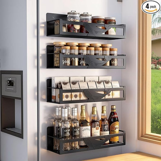 Magnetic Spice Rack for Refrigerator, 4-Pack Metal Seasoning Organizer for Kitchen Storage Organization, Magnetic Shelf for Fridge Space Saving Spice Organizer, Black