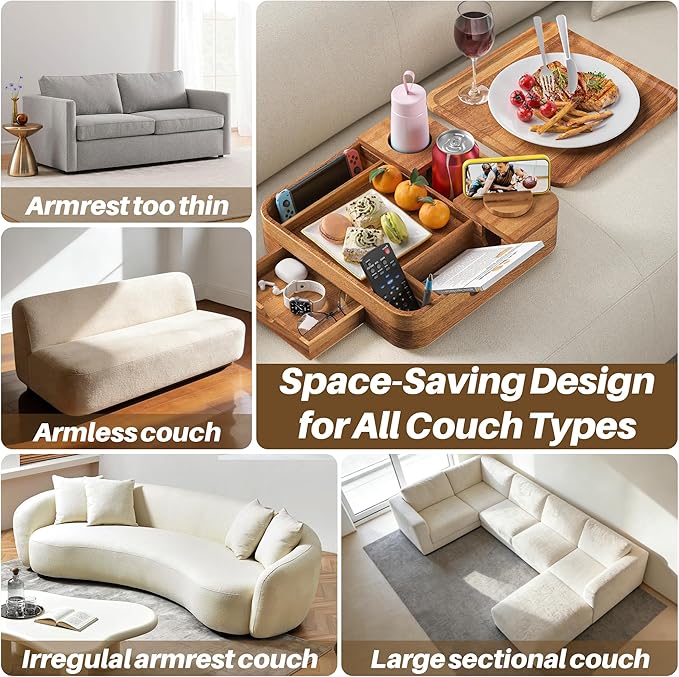Couch Cup Holder, Couch Tray Cup Holder Sofa Tray, Acacia Wood Large Capacity 2-Tier Wooden Trays with Drawer for Sofa, Bed, Picnic, Drinks, Snacks, Remote, Cell Phone 12.5 * 12.5 in