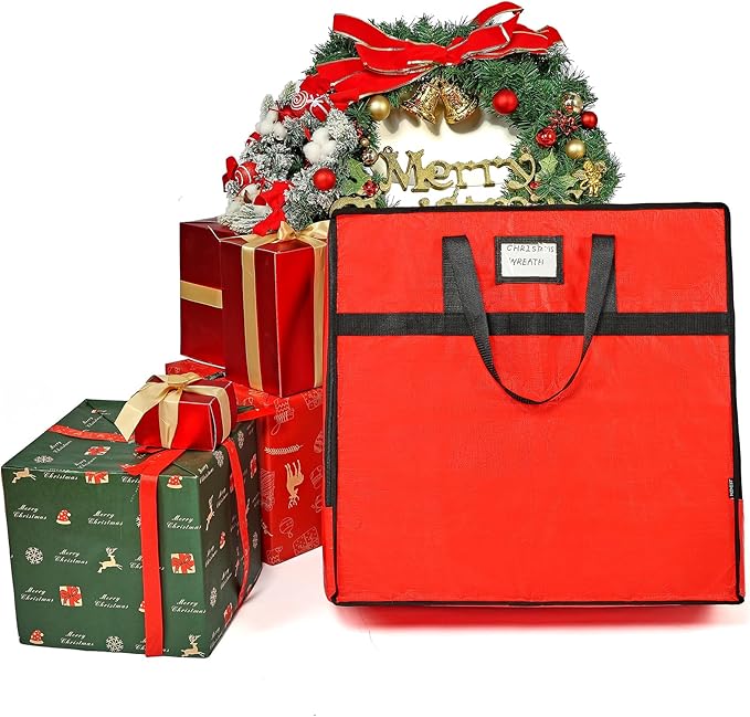 HOMEST Christmas Wreath Storage Container, Wreath Bag, Durable Material, Zipper, Extra Securing Straps, Reinforced Handles, Dust, Pest Protection, 24" Premium Wreath Storage Organizer Box