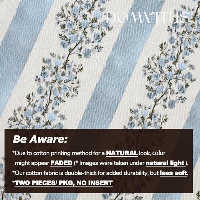 DOMVITUS Floral Throw Pillow Covers 24x24 Inch Set of 2, Block Print Decorative Pillow Covers Vintage Striped Neutral Farmhouse Boho Home Decor for Couch Sofa Bed Living Room, Light Blue