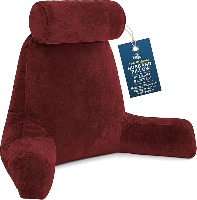 Husband Pillow XXL The Original for Adults - 30" Tall Backrest for Sitting Up in Bed - Firm Support Reading & Bed Rest Pillows for Adults, Neck Roll, Removable Cover - TV - Maroon
