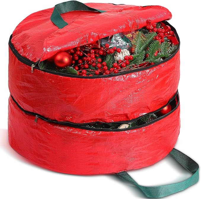 Shappy Double Layer Wreath Storage Container Bag Wreath Storage Pure Color Seasonal Garland Holiday Christmas Container Festive Box with Dual Zippers and Handles for Xmas(30 Inch,Red)
