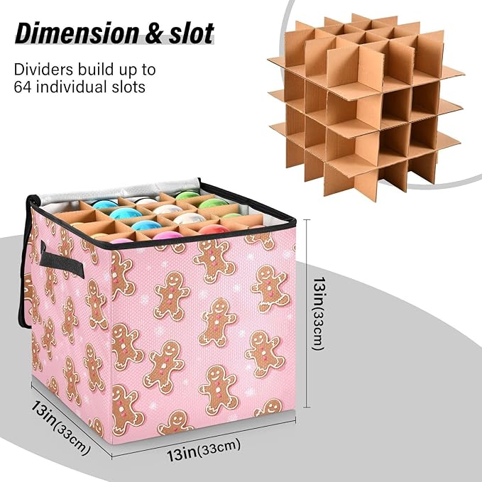 Pink Gingerbread Man Christmas Ornament Storage Basket Box Winter Xmas Holiday Storage Container Cube with Adjustable Dividers for 64 Holiday Ornaments or Decorations Keeps Clean and Dry