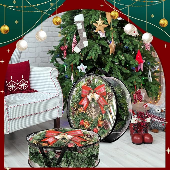 4 PCS Wreath Storage Container - 30x8 Inch Christmas Wreath Storage Bags With Zipper - Clear PVC Wreath Protector for Holiday Garland, Seasonal Decor Organization