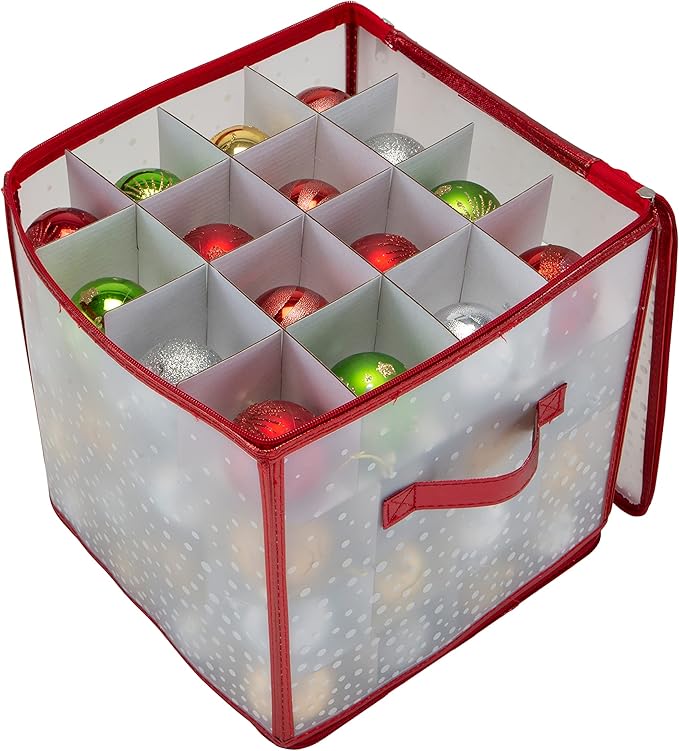 Simplify 64 Count Ornament Storage Box | Plastic | Decorative Organizer | Storage Bin | Red | L12 x W12 x H12