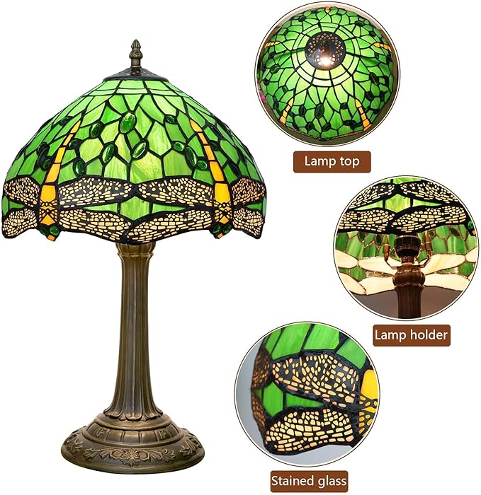 Tiffany Lamp Green Dragonfly Stained Glass Table Lamp 12X12X18 Inches Green Dragonfly Style Desk Reading Light Decor Beside Bedroom Living Room Home