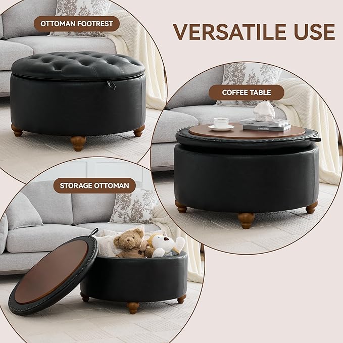 WUTUTUEE 30Inch Round Storage Ottoman with Tray, Modern Tufted Leather Circle Coffee Table with Storage, Upholstered Ottoman with Removable Top for Living Room, Bedroom, Leather Black