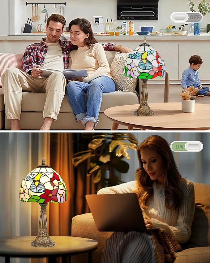 Hummingbird Tiffany Style Table Lamp with LED Bulb, 8 Inch Handmade Stained Glass Light, Antique Desk & Bedside Lamp for Living Room, Bedroom, Study Office