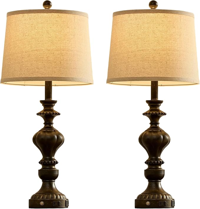 SAIWEYA 27.5" Farmhouse Table Lamps Set of 2 Bedside Lamp with USB C+A Ports & AC Outlet, 3 Way Dimmable Touch Lamps for Living Room Bedroom Office Hallway Rustic Nightstand Traditional Lamp