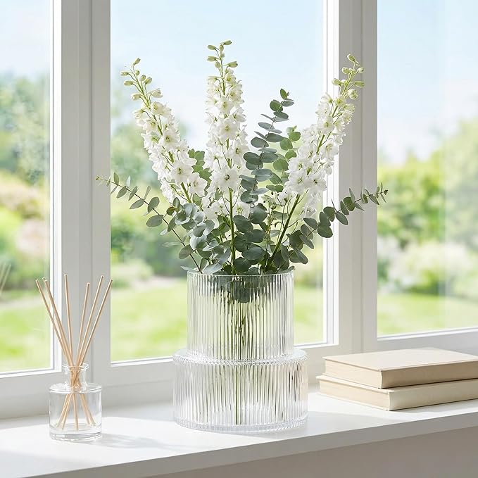 Ribbed Glass Vase, Flower Vase, Fluted Clear Vases for Flowers, Modern Vases for Living Room, Dining Table, Entryway, Shelf, Wedding, Office, Coffee Table, Birthday, 7.5 Inches