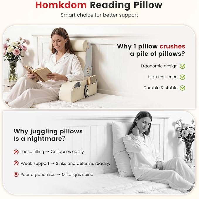 Homkdom Reading Pillow for Sitting in Bed Adult, 20" Back Pillow for Bed Sitting up with Armrests & Storage Pockets, Ergonomic Wedge Pillow for Watching TV, Gaming, Working, Recovery, 5PCS, Beige