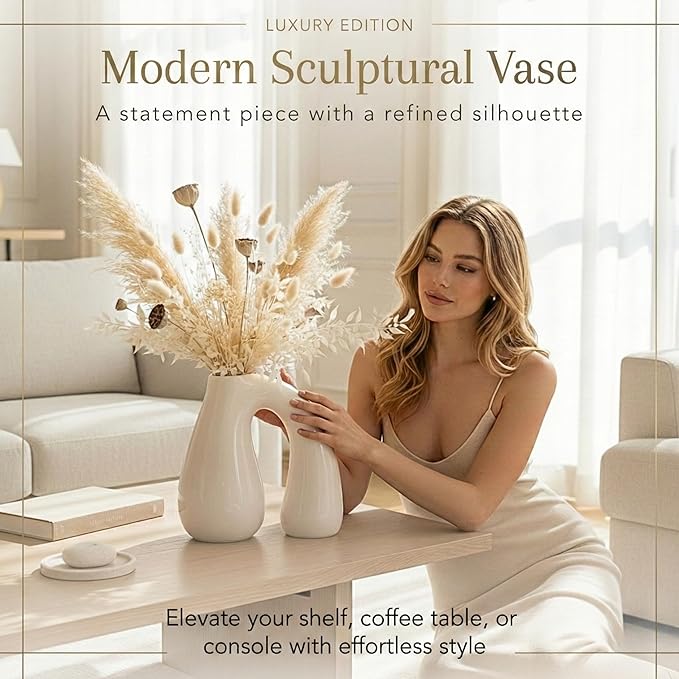 PROBENEX Cream White Ceramic Decorative Pitcher Vase, 7.5 in – Glossy Sculptural Arch-Handle, Modern Home Décor Accent for Fresh or Dried Floral Arrangements, Table/Shelf/Entryway, Giftable