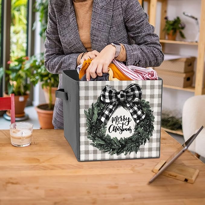 Christmas Wreath Black White Checkered Bow Cube Storage Bins Storage Cubes Foldable Decorative Fabric Storage Baskets Home Organizers with Handles for Shelves,Closet, 10.6 X 10.6 Inch