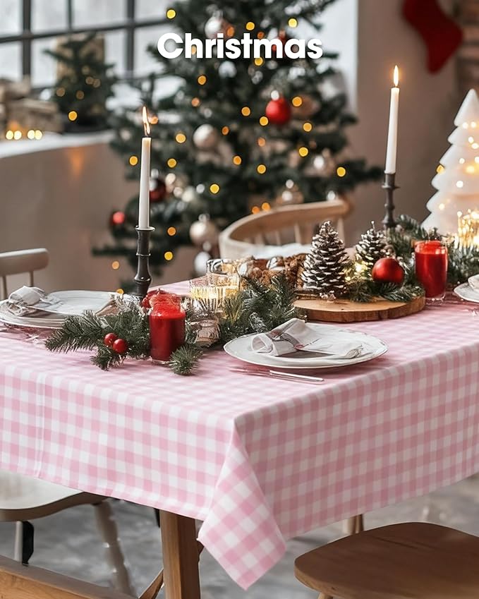 Pureegg Plastic Table Cloth Disposable 10 Pack, 54 x 108 Inch Table Cloths, Party, Picnic, Decorative Gingham Tablecloths, Rectangle, Pink and White Checkered Cover, Leakproof & Sturdy, Pink Plaid