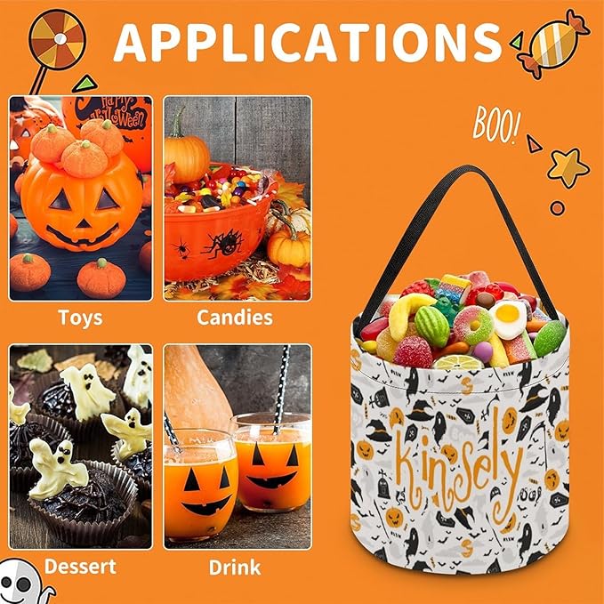 Personalized Halloween Trick or Treat Candy Bag with Name Custom Text Party Tote Bucket Halloween Candy Basket Gift (Bag-6)