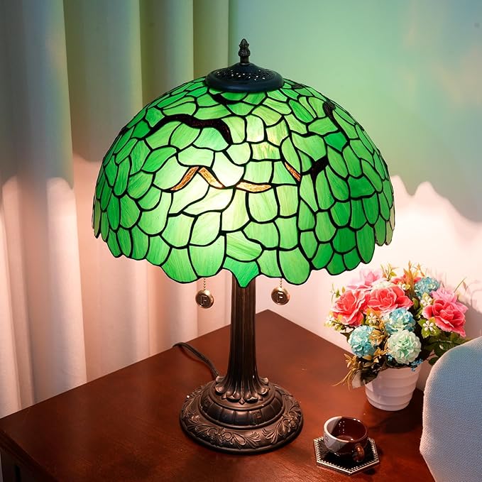 Tiffany Lamp Green Leaf Stained Glass Table Lamp 16X16X23 Inches Green Leaf Style Desk Reading Light Decor Beside Bedroom Living Room Home Festival Birthday Gift