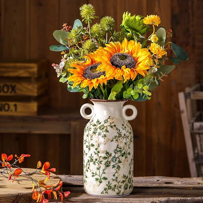 for Mom from Daughter or Son, Vintage Pastoral Ceramic Vase with Handles 9.1”, Green & Beige Chinoiserie Floral Vase, Rustic Farmhouse Decor for Living Room, Kitchen, Bedroom