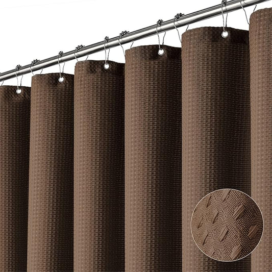 Dynamene Long Fabric Shower Curtain - Waffle Textured Tall Heavy Duty Cloth Shower Curtains for Bathroom, 256GSM Large Hotel Spa Luxury Bath Curtain Set with 12 Plastic Hooks(72Wx80H, Brown)