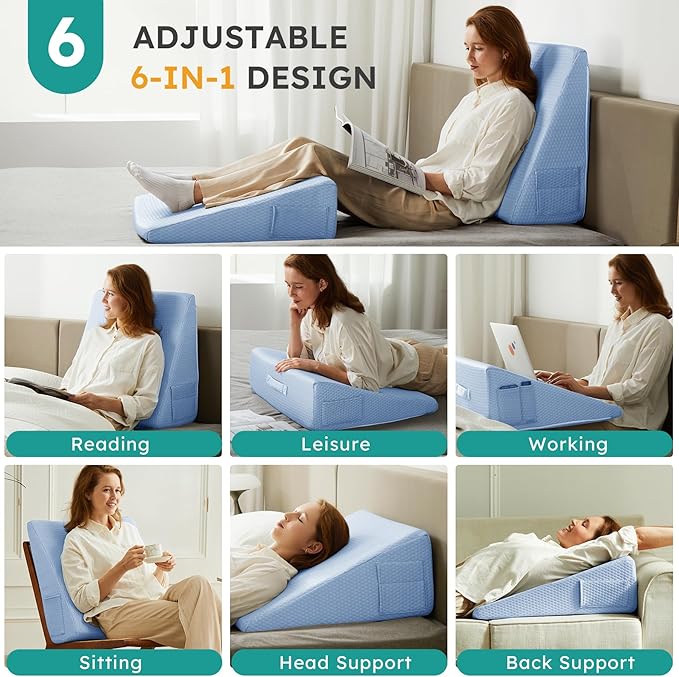 Bedluxe Wedge Pillow, 10 inch Bed Wedge Pillow for Headboard, Pillow Wedge for Acid Reflux Relief, Sleeping, After Surgery, Snoring, Gerd, Triangle Pillow Wedge - Cooling Memory Foam Top, Light Blue