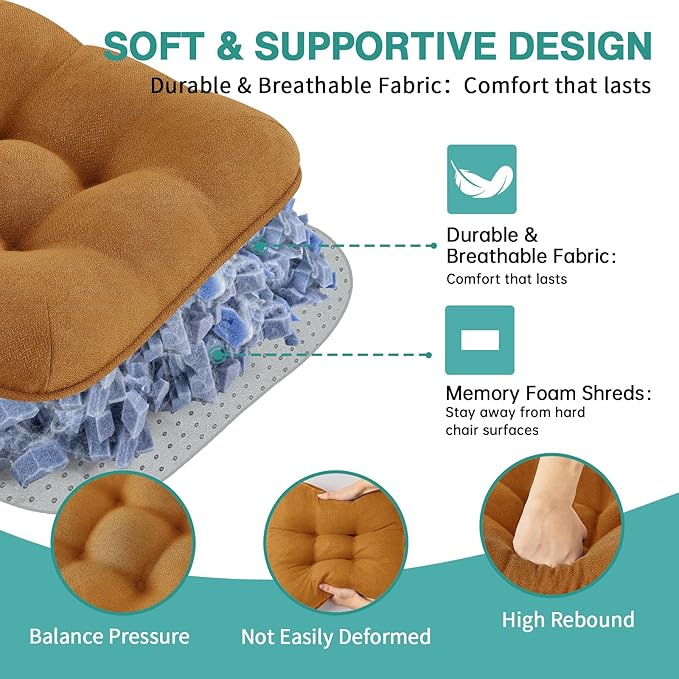 BETU Chair Cushions for Dining Chairs Set of 2,3.5" Thick Kitchen Table Chair Pads with Ties,Non Slip Backing and Covers, Seat Cushion for Dining Room,Bar,Patio Chairs,16"X16"X3.5",Caramel