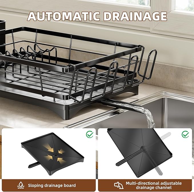 Simple Trending Dish Drying Rack for Kitchen Counter, Rust-Resistant Dish Rack, Large Dish Drainer Organizer with Cutlery Holder & Cup Holders, Black