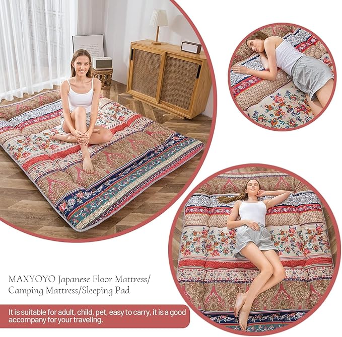 MAXYOYO Bohemian Retro Floor Mattress Vintage Floral Japanese Futon Mattress Roll Up Thicken Sleeping Mat Portable Camping Mattress Floor Lounger Couch Mattress Pad Queen