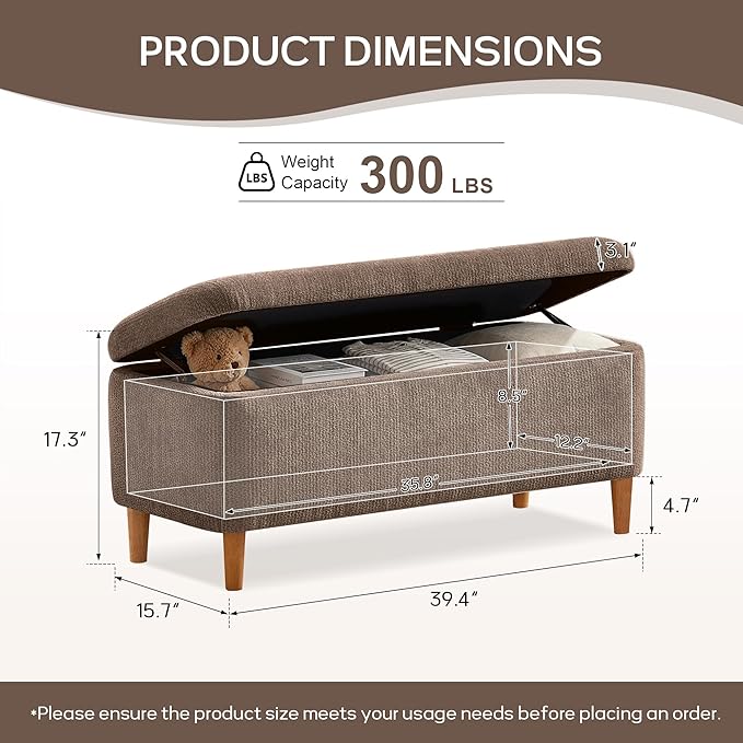 39.4”Ottoman with Storage,Upholstered Comfy Storage Bench Ottoman with Wooden Legs,End of Bed Bench Footstool for Hallway Entryway Bedroom Living Room Brown