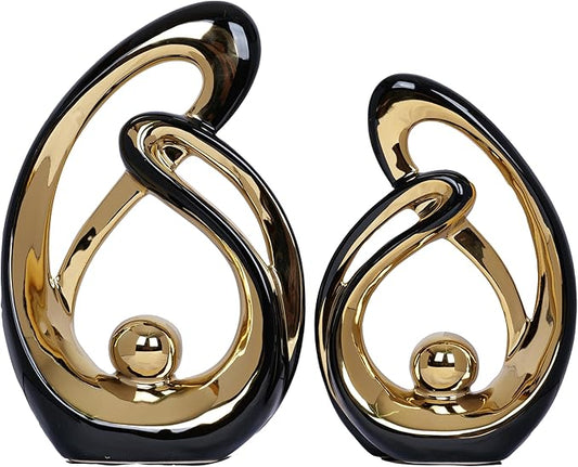 2 PCS Black Decor Accent Ceramic Statue Black and Gold Mid Century Modern Home Decor Accents Sculpture Decorations Centerpieces for Living Room Bookshelf Shelf Coffee Table Kitchen Office Dining Table