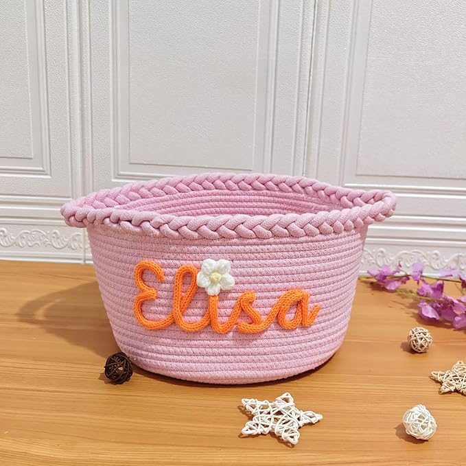 FKOG Handmade Personalized Baby Show Gift Basket, Custom Cotton Rope Storage Basket, Baby Nursery Organizer with Custom Name, Newborn Baby Baptism Gift (White Baby Girl Basket)