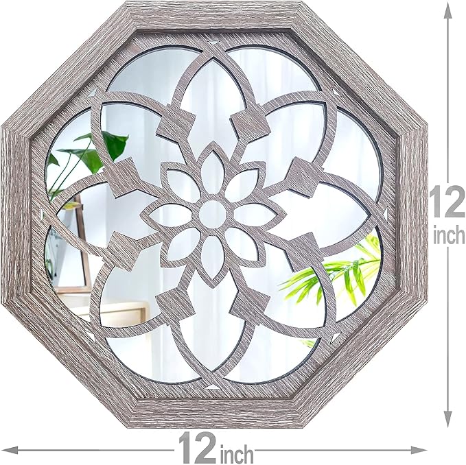 ZOLAPI 2 PCS Octagon Wall-Mounted Mirrors,Vintage Farmhouse Mirror for Wall Decor,Barn Wood Color Decorative Accent Mirror for Foyer, Bathroom, Bedroom. (12”x12”)