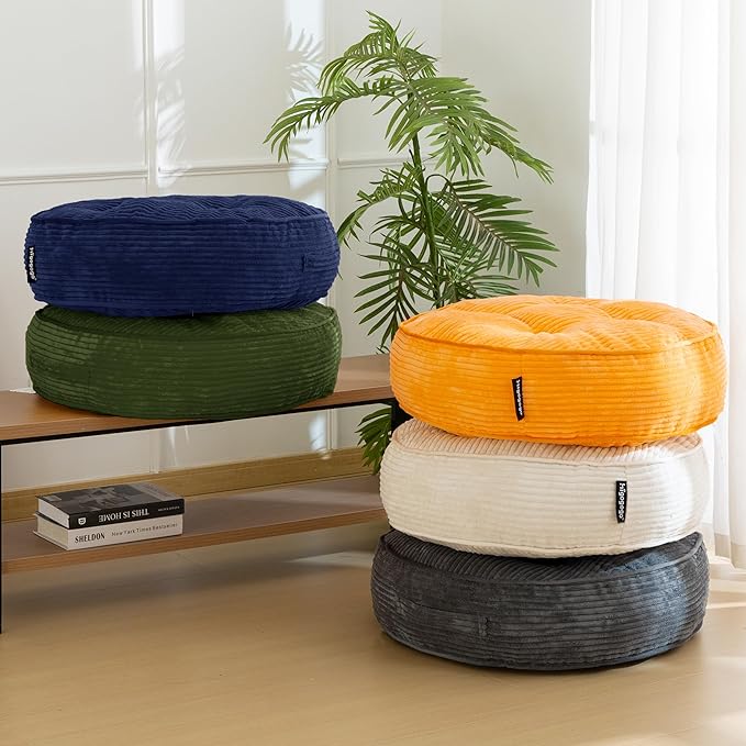 HIGOGOGO 6" Extra Thick Floor Pillow Cushion for Adults, Meditation Cushion Pillow, Large Round Floor Sitting, Tufted Corduroy Cover, for Tatami Living Room or Yoga, 22x22 Inch, 2Pack, Dark Grey
