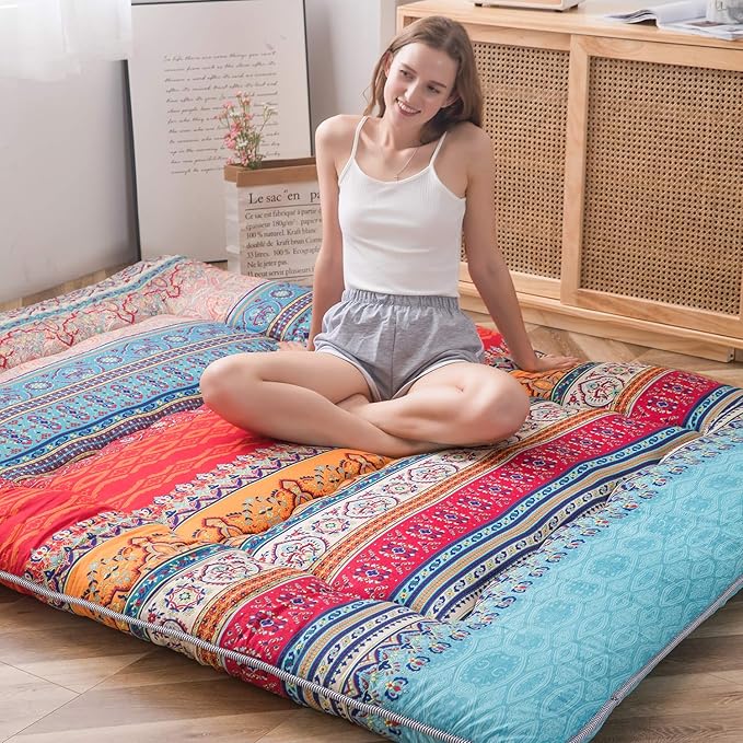 MAXYOYO Bohemian Retro Floor Mattress Vintage Floral Japanese Futon Mattress Roll Up Tatami Floor Mat Portable Camping Mattress Sleeping Pad Floor Lounger Couch Twin Size