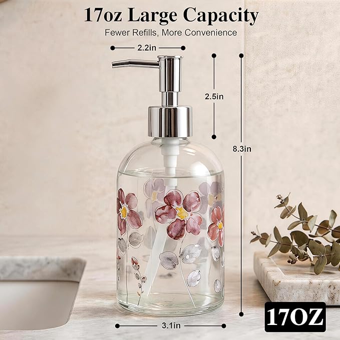 17oz Glass Soap Dispenser with Plastic Pump for Kitchen and Bathroom, Refillable Liquid Clear Bottle for Dish Soap & Hand Soap(Flower)