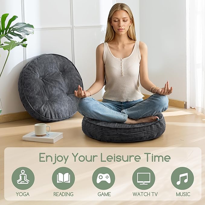 HIGOGOGO Floor Pillow Cushion for Adults, Meditation Cushion Pillow, Large Round Floor Sitting, Tufted Corduroy Cover, for Tatami Living Room or Yoga, 22x22 Inch, 2Pack, Dark Grey