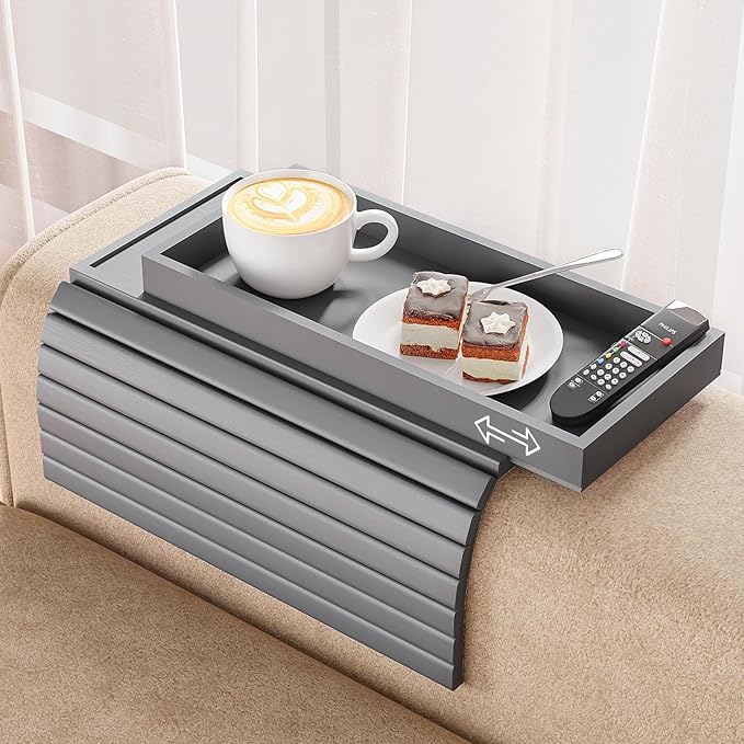 Bestjing Bamboo Sofa Armrest Tray Table for Couch - 2-in-1 Foldable Couch Arm Table with Be Slide Detachable Tray- Anti-Slip Sofa Armchair Caddy for Drinks Cellphone TV Remote Snacks(Gray)
