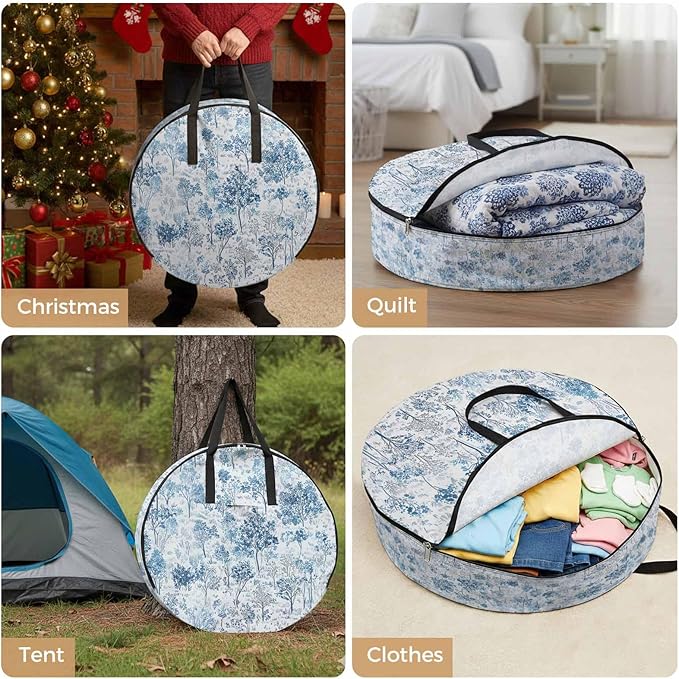 Storage Bag Maple Tree Pine Round Storage Totes Bins Closet Organizers with Zippers & Handle Watercolor Plants Blue Clothes Storage Container for Bedroom Dorm Space Saving Packing Supplies Moving Bags