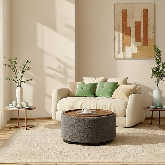 29.5 Inch Round Storage Ottoman Coffee Table,Modern Circle Coffee Table with Storage with Removable Lid Top and Solid Wood Legs,Large Round Ottoman for Bedroom,Living Room,Teddy Fleece,Grey