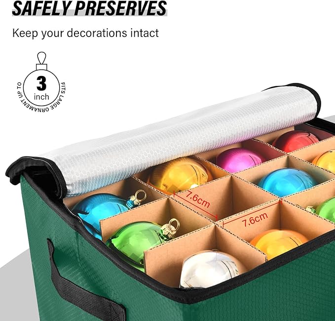 Dark Green Christmas Ornament Storage Basket Box Holiday Storage Container Cube with Adjustable Dividers for 64 Holiday Ornaments or Decorations Keeps Clean and Dry for Next Season