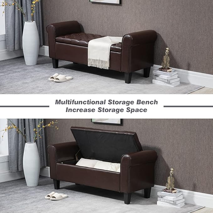 ECOTOUGE Brown Ottoman with Storage for Living Room, Leather Upholstered Bench Footrest, Rolled Arm Foot Stool for Bedroom, Brown