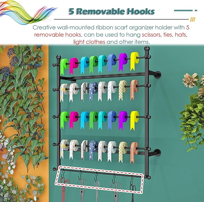 Wall Mounted Ribbon Storage Holder with 5 Hooks, Hang Necktie Display Stand Organizer Shelf for Flower Shop Cake Shop, 5 Tier Metal Wrapping Paper Rack ( Color : White , Size : Lxh-80x80cm/31.5x31.5in