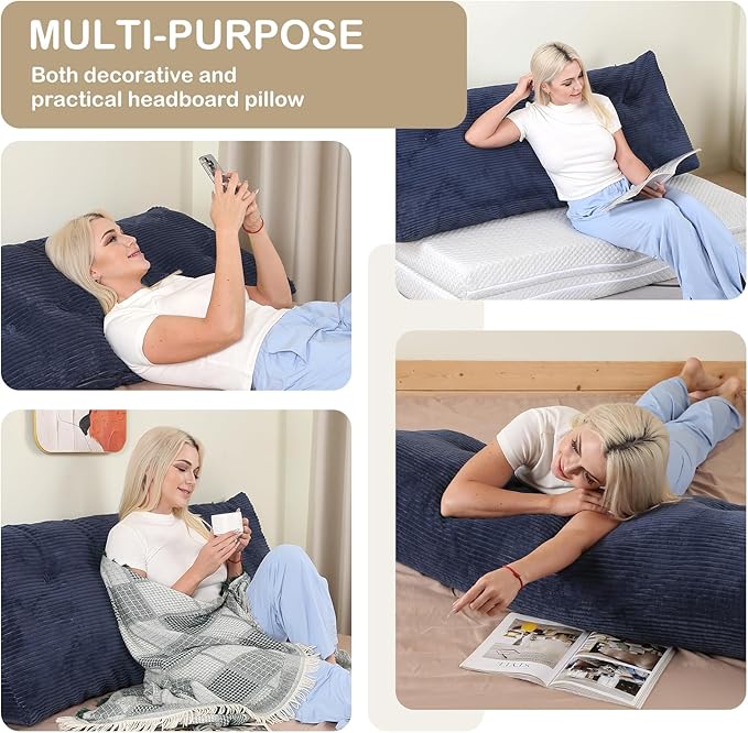 Headboard Pillow Twin, Wedge Headboard Pillow for Bed Sofa, Triangular Backrest Pillow with Removable Cover for Reading, Working, Sitting, Dark Blue