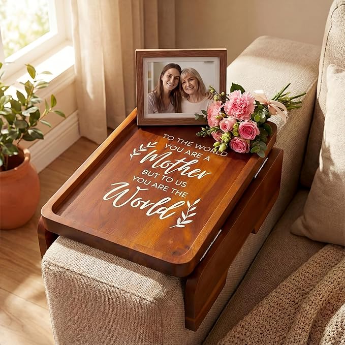 Kathfly Birthday Gifts for Mom, Mothers Day Gift 13.75" x 9.5" Couch Arm Table, to The World You Are a Mother But to Us You Are The World, Wooden Sofa Arm Tray, Mothers Day Gifts from Son Daughter