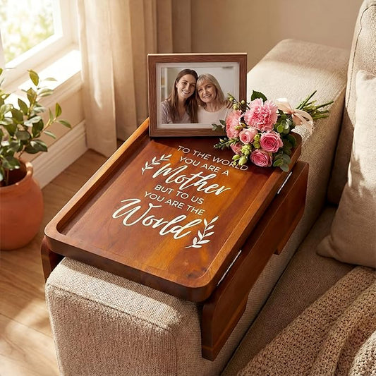 Kathfly Birthday Gifts for Mom, Mothers Day Gift 13.75" x 9.5" Couch Arm Table, to The World You Are a Mother But to Us You Are The World, Wooden Sofa Arm Tray, Mothers Day Gifts from Son Daughter