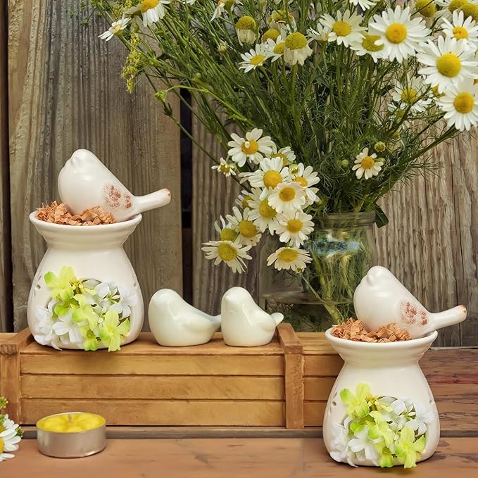 2 Set Birdhouse Ceramic Table Decor Ceramic Birds Figurines Centerpieces with Bird and Flower Ornament Rustic Farmhouse Spring Summer Decor for Shelf Mantel Desk Decoration Housewarming Gift