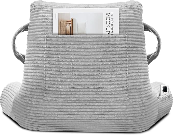 Reading Pillow for Sitting in Bed Adult, Bed Reading Pillow with Shredded Memory Foam, Back Pillow for Sitting with Arms and Pockets, LightGrey