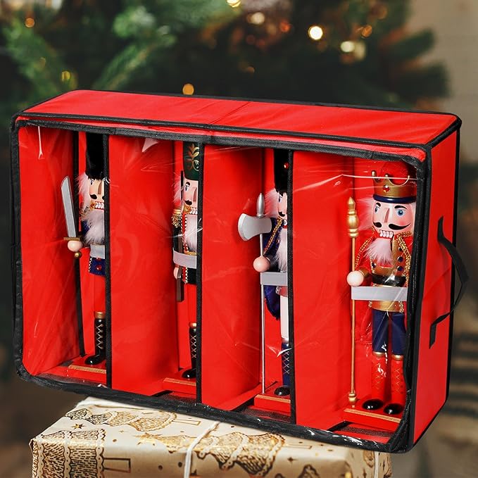 Preboun 4 Pack Clear Top Christmas Nutcracker Storage Box - Each Holds 4 Figurines up to 16 Inches (Red)