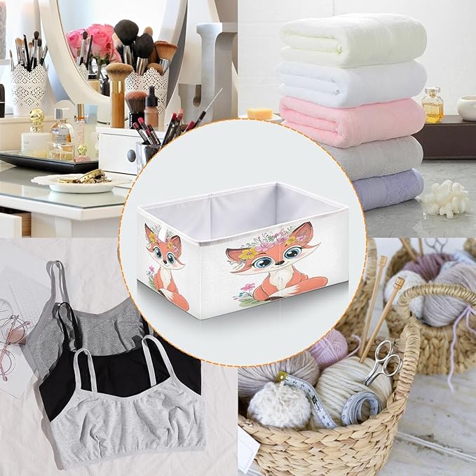 Foldable Storage Cube Fox Flowers Wreath Organizer Basket for Home Shelf