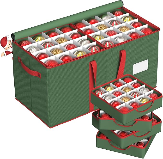 Winpull Christmas Ornament Storage Box with 8 Trays, Christmas Storage Container for 128-3'' Holiday Ornament Decorations, Large Xmas Organizer with Adjustable Dividers, Dual Zipper and Pocket (Green)