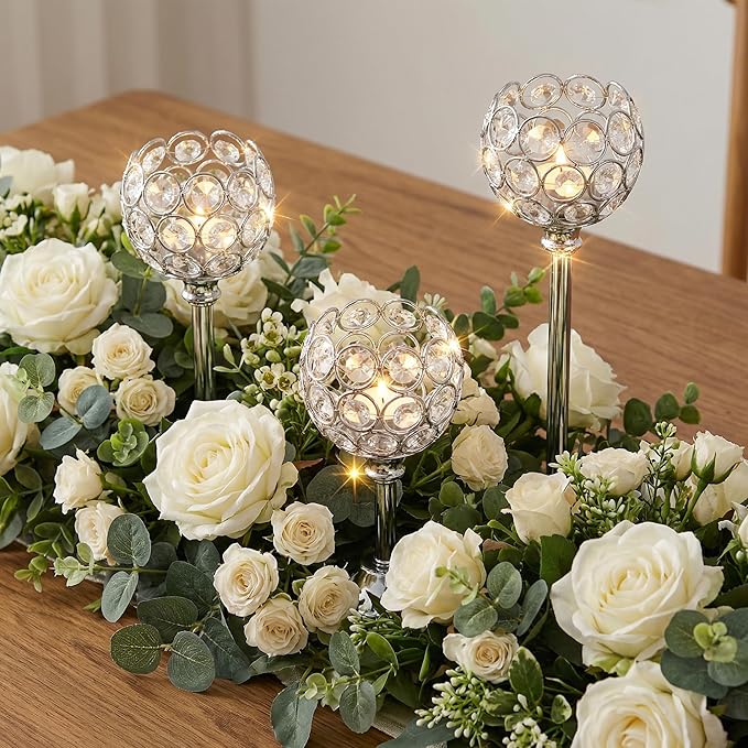 Crystal Candle Holders 2 Set of 6 - Sliver Vintage Hollow Ball Candle Stand for Table Centerpiece, Crystal Metal Tealight Candlestick for Wedding, Dining Room Decor